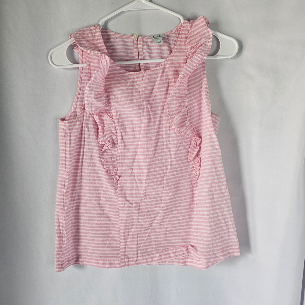 J.Crew Pink White Striped Ruffle Sleeveless Cotton Top Blouse Size 2